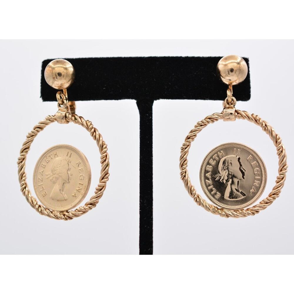 Bergere Vintage Coin Clip On Earrings Dangle Gold Tone Elizabeth II Signed BinAR